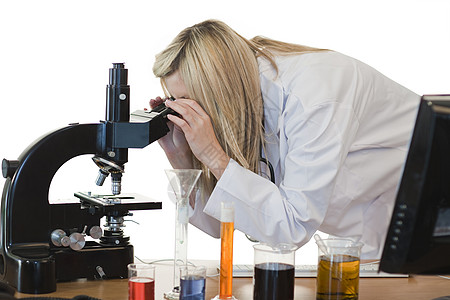 明亮外套从事实验的女科学家生物学药品化学品学生管子测试男人男性医院外套背景