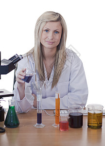 明亮外套从事实验的女科学家女性男性药品女孩女士团队管子男人实验室测试背景