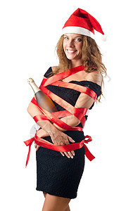 白色背景的年轻圣诞老人女士假期裙子礼品盒黑发礼物女性戏服礼物盒丝带图片