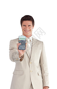 白人商务人士手里握着计算器 手持计算器图片