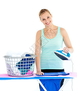 熨烫可爱的女子女性女士蓝色家务工作快乐工具器具洗衣店衣服图片