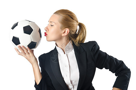 白着足球的女商务人士竞赛领带企业家运动员力量乐趣管理人员闲暇工人套装图片