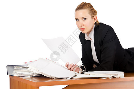 从事大量工作的妇女女士桌子领带商务文件夹职业活页工人办公室商业图片