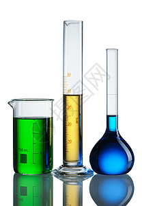 化学火瓶化学品反射生物学管子圆柱烧杯测量蓝色样本实验图片
