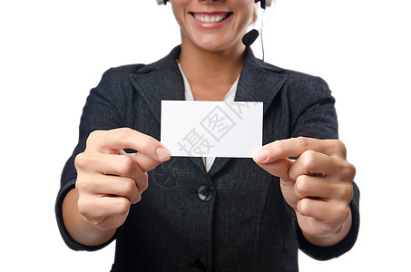 带空白信件的呼叫中心操作员快乐木板海报商业广告秘书女性展示微笑总机图片