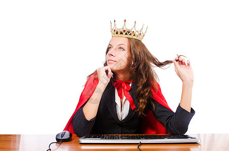 办公室皇后在白色上被孤立键盘职业商务屏幕压力工人女士领带文件夹管理人员图片