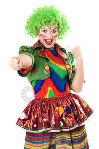 喜悦的女小丑肖像情感假发快乐微笑裙子成人马戏团艺术化妆品成功图片