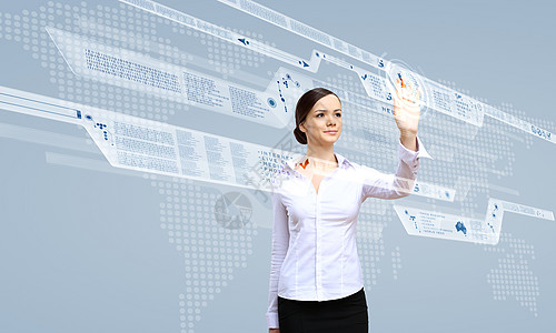 商业女商务人士和触摸屏幕技术用户电脑桌面互联网导航科学键盘按钮界面软件图片