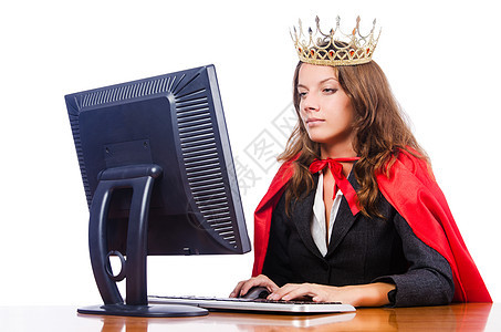 办公室皇后在白色上被孤立文档压力套装女性老板监视器屏幕女士职业工人图片