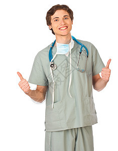 年轻男医生微笑和举起拇指图片