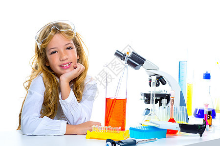 孩子化学实验室的儿童学生女孩化学品测试孩子们微生物学学习学校生物学化学家眼镜美丽图片