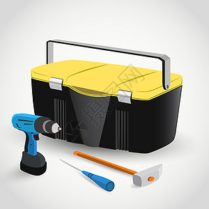 带仪器的工具箱服务黄色维修工作工业锤子钻头插图建筑扳手图片