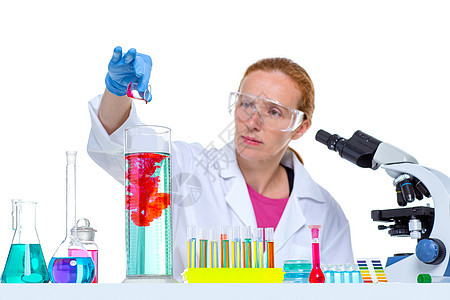 具有测试管的实验化学实验室女科学家玻璃生物工作样本显微镜药品医院生物学诊所桌子图片