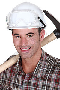 工匠头盔男人面具男性眼睛肩膀运输条纹白衬衫微笑图片