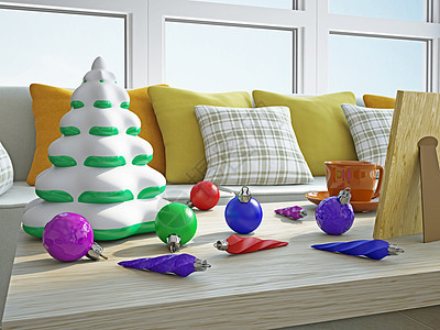木制桌上的圣诞装饰房间摄影玻璃团体沙发礼物庆典家具桌子树叶图片