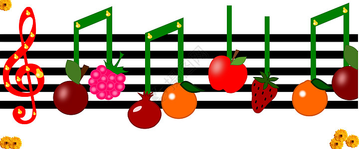 水果作为音乐人物的音符数字工作绿色石榴橙子黄色黑色风格白色笔记图片