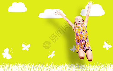 女孩穿着彩色裙子跳跃闲暇舞蹈青年爱好童年乐趣飞行蝴蝶精力活力图片