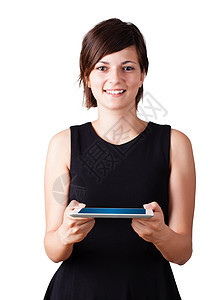 年轻女性看现代药片手指商业工作女士技术微笑电脑软垫办公室商务图片
