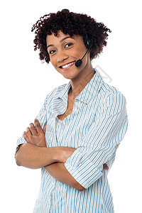 自信的 笑着微笑的女性电话员服务热线专家员工呼叫耳机服务台麦克风操作员中心图片
