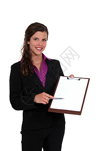 空白剪贴板的女商务人士木板女士女人戏服女性海报商务装套装商务工作背景图片