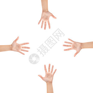 白色背景上孤立的手女孩友谊棕榈框架团体团队解决方案家庭手势商业图片