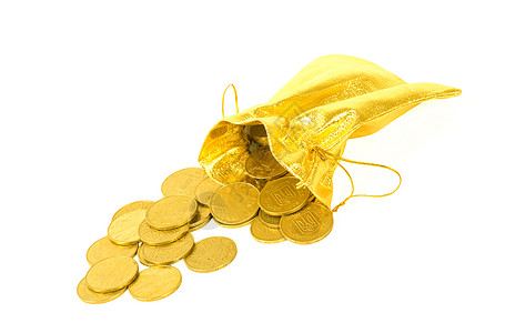 金袋里的钱币 白纸上孤立的财务零售货币成功储蓄财富白色交换商业金子图片