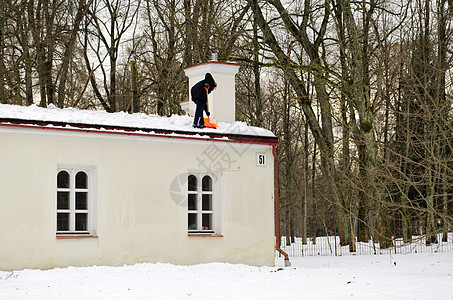 男子塑料铲铲工具清洁雪屋顶图片