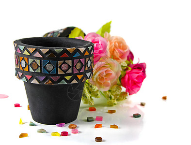 摩西花盆 我做了马赛克花盆粉色工艺黑色花瓶白色玫瑰手工业手工绿色植物群图片