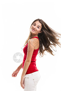 快乐的女孩女性白色工作室情感幸福头发成人黑发红色微笑图片