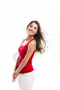 快乐的女孩女性情感成人头发幸福黑发工作室微笑白色红色图片