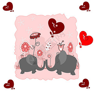 有心和鲜花的爱人大象灰色红色动物明信片情人花瓣草图粉色绘画创造力图片