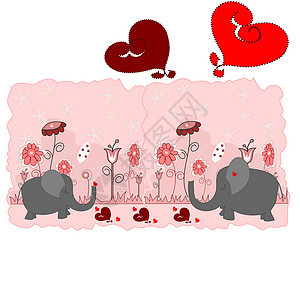 有心和鲜花的爱人大象明信片草图绘画动物创造力粉色灰色红色花瓣情人图片