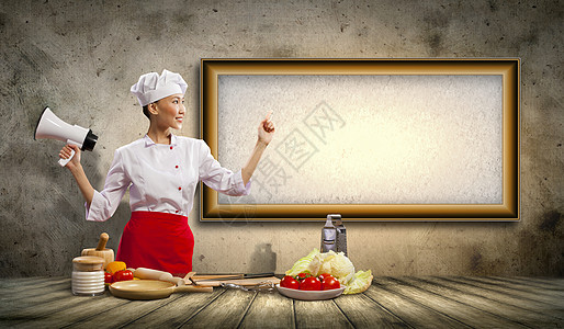 亚洲女性厨师 手持扩音器面粉女士成人蔬菜杯子牛奶女孩魔术师食物饮食图片