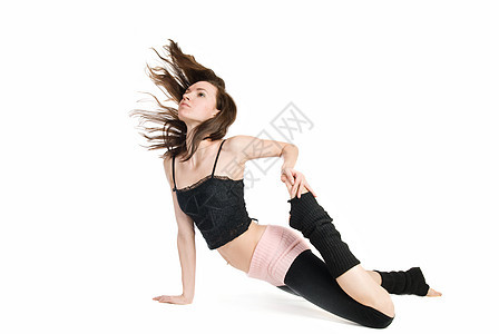 白种背景孤立的年轻舞蹈演员波星舞者身体紫色女孩芭蕾舞优雅工作室成人头发演员行动图片