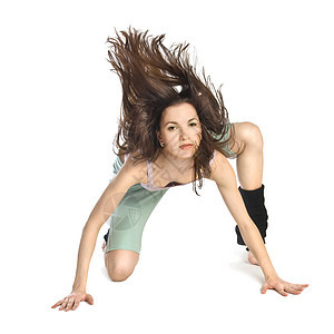白种背景孤立的年轻舞蹈演员波星舞者女性舞蹈黑发身体头发工作室平衡运动运动员演员图片