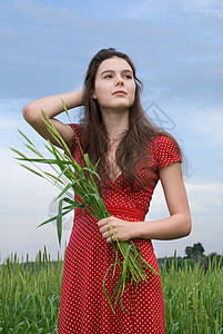 美丽的女孩在绿地穿红礼服 带一堆小麦裙子荒野蓝色场地女性绿色红色深色长发女士图片