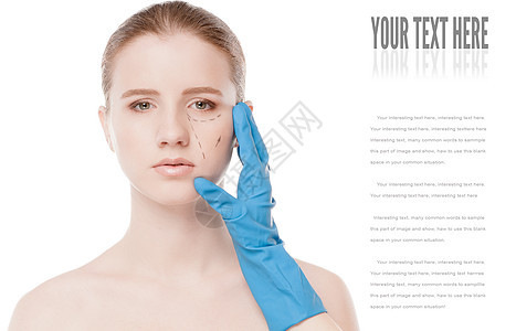 美人用女性的面孔来画修补线线条蓝色皱纹外科医生女士手套绘画诊所护理图片