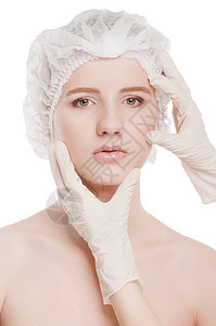 美容女性的面部体格检查手术塑料手套胶原化妆品医生皱纹皮肤护理治疗图片
