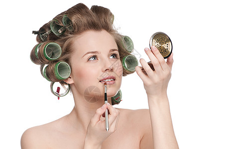 妇女使用化妆品口红画刷  近视肖像女性发型滚筒脸颊卫生闲暇头发肤色护理镜子图片