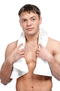 一个带着毛巾的年轻人身体小伙子卫生成人男性眼睛头发浴室牙齿胡须图片