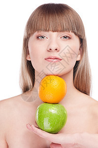 有绿苹果和橙色的年轻女子维生素橙子牙齿女士牙科生活卫生活力饮食牙医图片