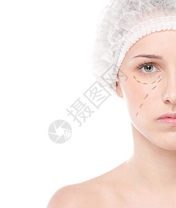 美人用女性的面孔来画修补线诊所美容师手术程序护理皮肤帽子绘画病人药品图片