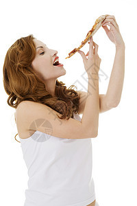 快乐的女人吃比萨饼馅饼午餐女士白色垃圾食物香肠营养成功工作室图片
