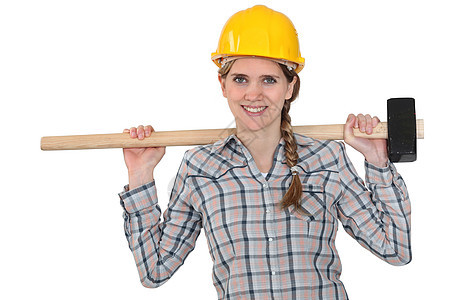 拿着大锤的妇女金属装修工具工程师衬衫青年罢工女士房子格子图片