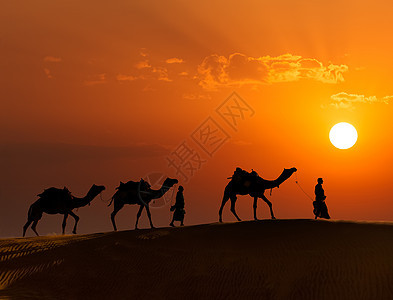 在Thar deser的沙丘中 两名骆驼骑手骆驼司机太阳天空男性旅行阳光男人沙漠冒险运输风景图片