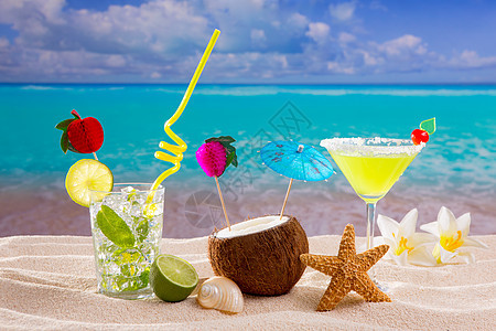 加勒比热带沙滩鸡尾酒饮料花朵稻草椰子支撑果汁橙子蓝色海星天堂图片