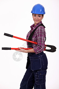 配有螺栓管的妇女女孩刀具帽子螺栓劳动者管道木匠微笑腰带便利图片