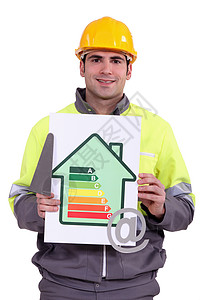 一名建筑工人 手持粗马 能源效率评分标志和符号的建筑工人图片