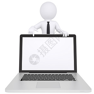 3D白人男子对笔记本电脑指指一个手指空白电子产品礼物全球数据键盘动物互联网办公室男人图片