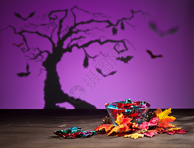 万圣节树蝙蝠和糖果紫色黄褐色花环派对童话感恩橙子收成庆典假期图片